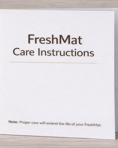 FreshMat care instructions on wooden surface